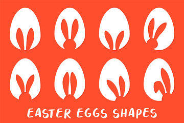 Easter eggs shapes with bunny ears silhouette - traditional symbol of holiday, big set. Simple eggs hunt design collection. Vector illustration for poster, card or banner. - 330035121