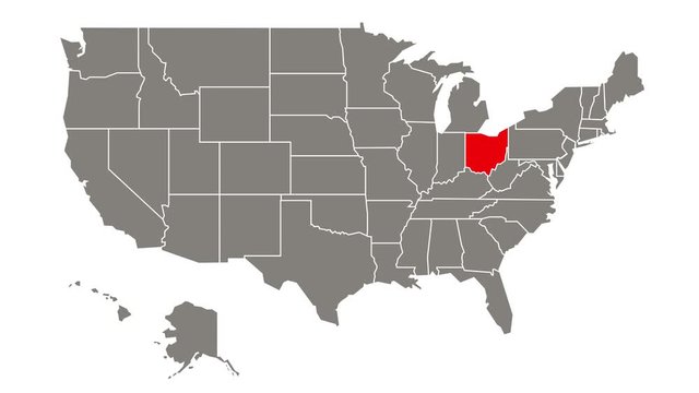Ohio federal state blinking red highlighted in map of USA