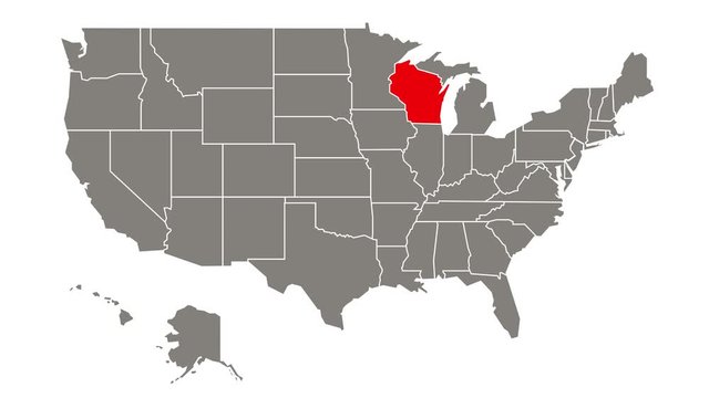 Wisconsin federal state blinking red highlighted in map of USA