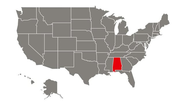 Alabama federal state blinking red highlighted in map of USA