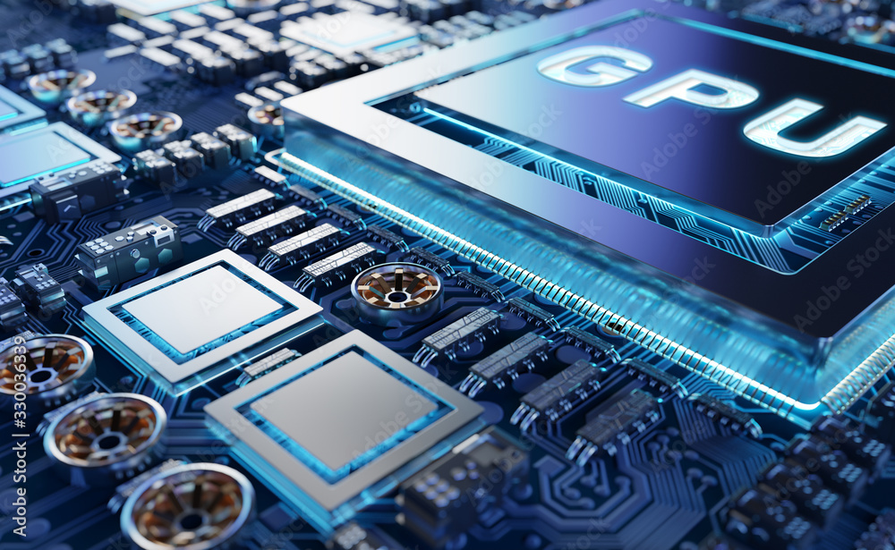 Fototapete close-up view of a modern gpu card with circuit 3d rendering