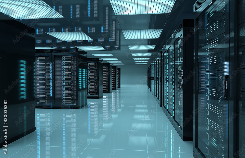 Poster dark servers center room with computers and storage systems 3d rendering