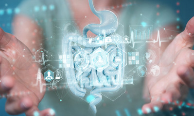Woman using digital x-ray of human intestine holographic scan projection 3D rendering