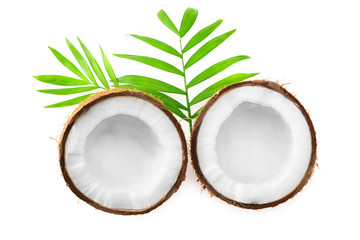 Obraz na płótnie Canvas Coconut with green leaves isolated on white background. top view