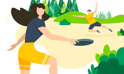 Faceless man and woman wearing shorts and t-shirts playing frisbee and having fun in park. Girl throws disk through the air and guy catching. Sports in everyday life. Healthy spring outdoor activity. - obrazy, fototapety, plakaty