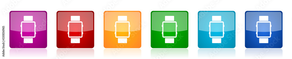 Leinwandbilder Smartwatch icon set, colorful square glossy vector illustrations in 6 options for web design and mobile applications