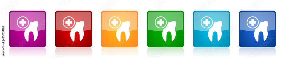 Aufkleber dentist icon set, dental, tooth colorful square glossy vector illustrations in 6 options for web des