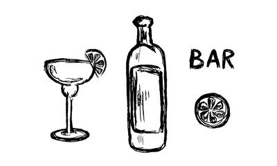 Vector Set of Sketch Cocktails and Alcohol Drinks, bar. beer, wine, whiskey
