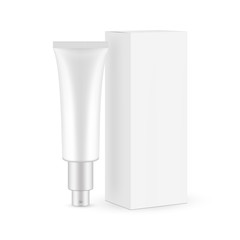 Naklejka premium Cosmetic tube with pump and box isolated on white background. Vector illustration