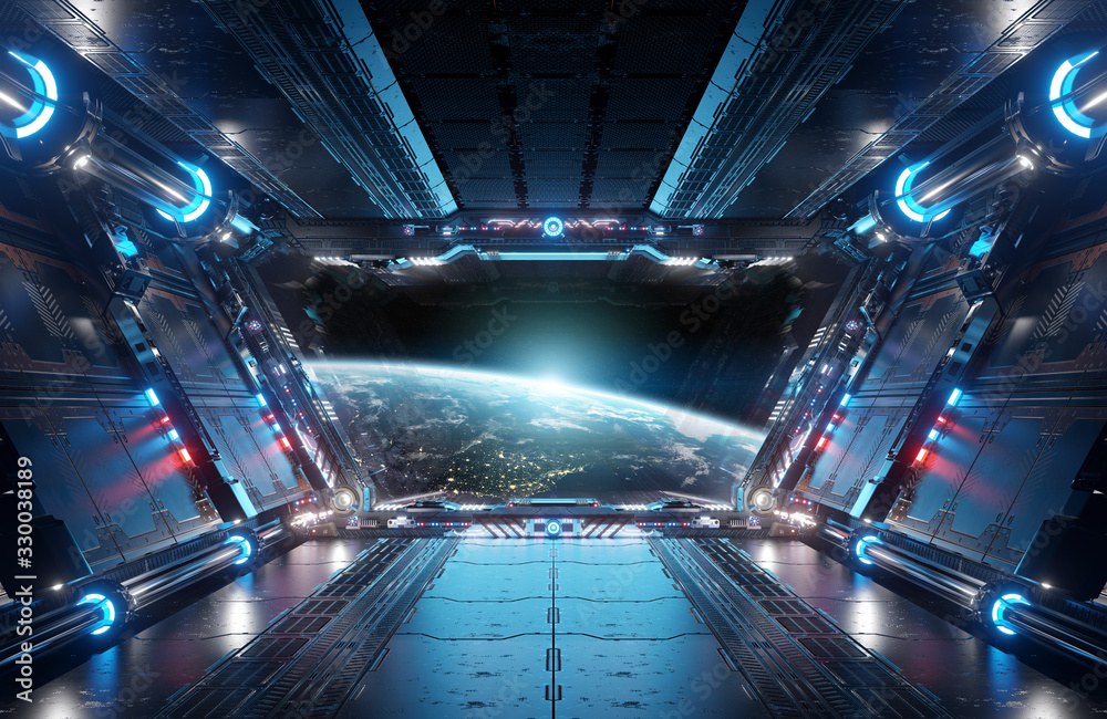 Aufkleber Blue and red futuristic spaceship interior with window view on planet Earth 3d rendering
