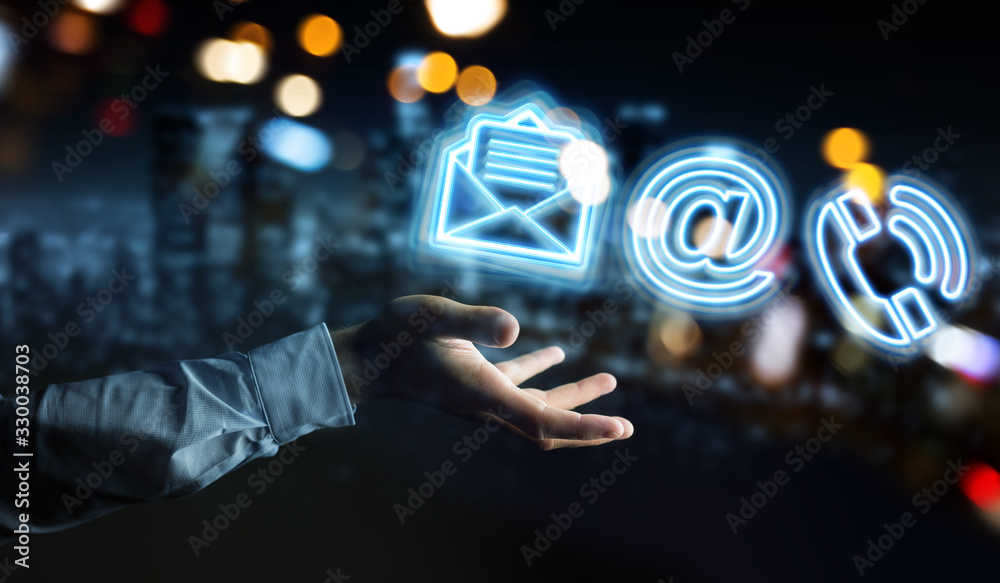 Poster Man hand using digital contact blue holographic interface 3D rendering