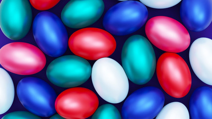 Easter eggs beautiful pearly turquoise, coral, white, blue color. Top view. Festive background for greeting cards, desktop, web sites. 3D illustration.