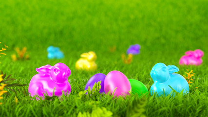 Fototapeta na wymiar Easter multicolored bunnies and eggs on a background of green grass. Blur effect. 3D illustration.