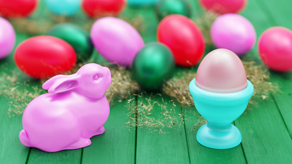 Obraz na płótnie Canvas Easter pink bunny and egg on a stand on green boards on the background of eggs different colors. Blur effect. 3D illustration.