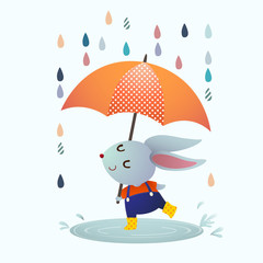 Vector illustration cartoon gray rabbit splashing in a puddle in rainy day