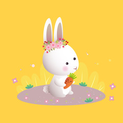 Vector illustration cartoon white bunny with flower wreath holding a carrot in the garden.