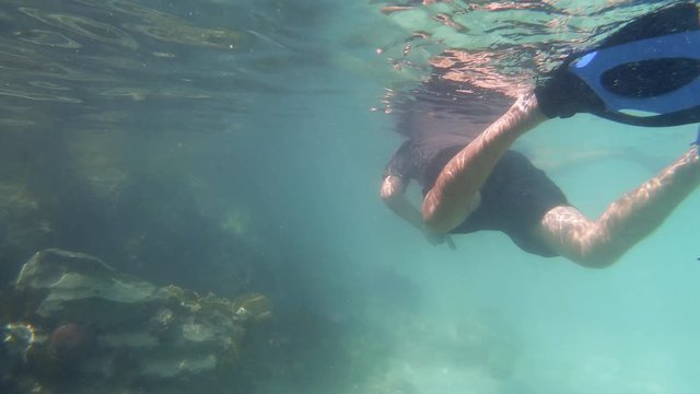 Clip of a young person swimming and snorkeling in caribbean sea in Labadee island, Haiti I A professional scuba diver swimming on water near a beach in clear water stock video in 4k