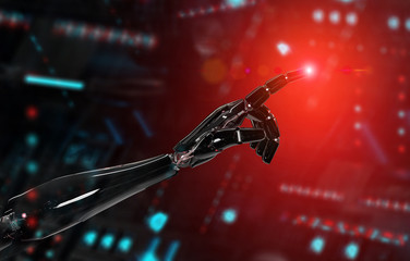 Obraz na płótnie Canvas Black and red intelligent robot cyborg arm pointing finger on dark 3D rendering