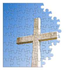 Rebuild or losing our faith - Christian cross concept image in jigsaw puzzle shape