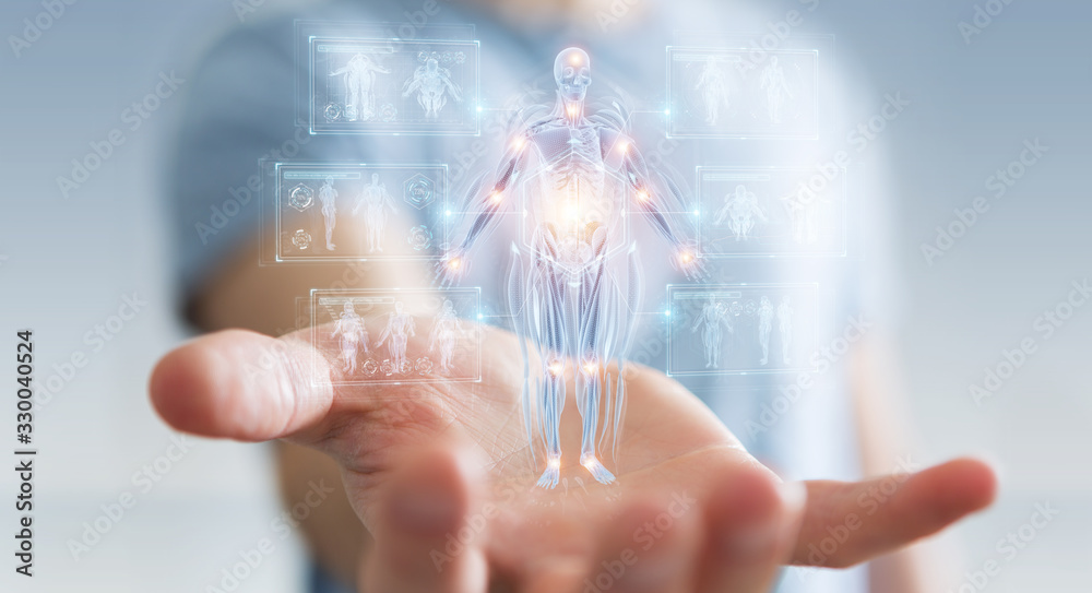 Poster man using digital x-ray human body holographic scan projection 3d rendering