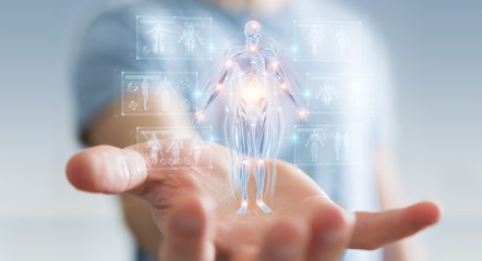 Man using digital x-ray human body holographic scan projection 3D rendering