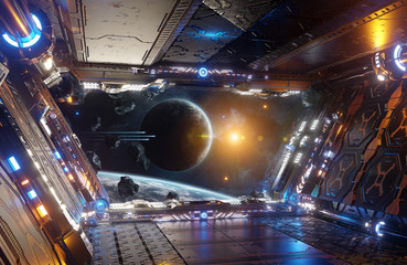 Orange and blue futuristic spaceship interior with window view on distant planets system 3d rendering © sdecoret
