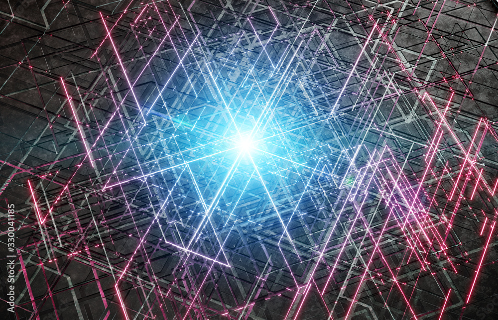 Poster futuristic blue and pink connection background with lines and roads printed on metal texture