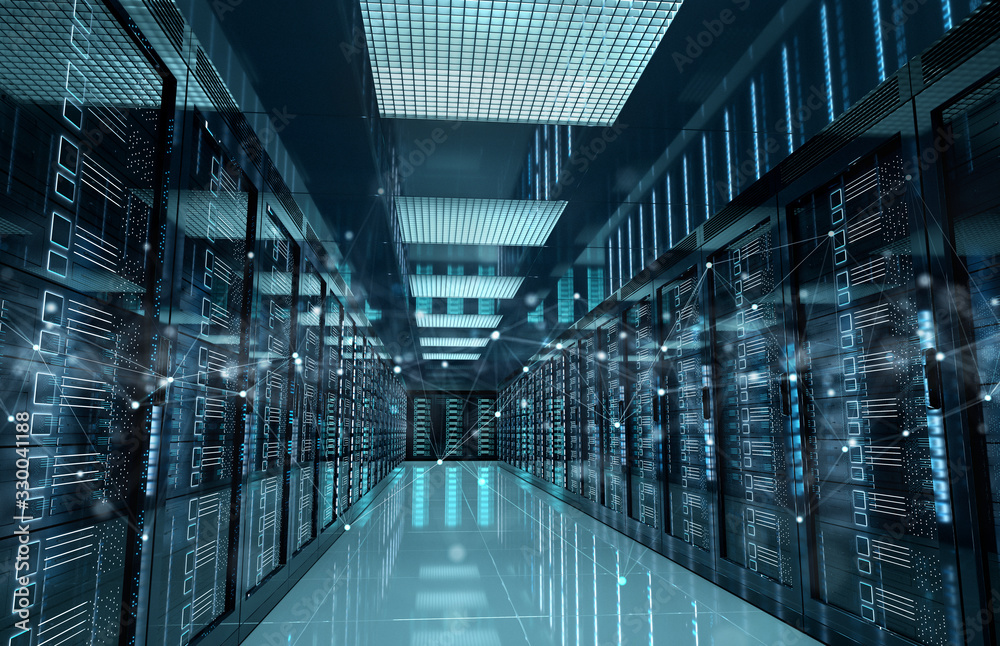 Fototapete Connection network in servers data center room storage systems 3D rendering