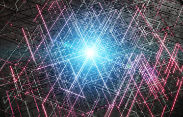 Futuristic blue and pink connection background with lines and roads printed on metal texture