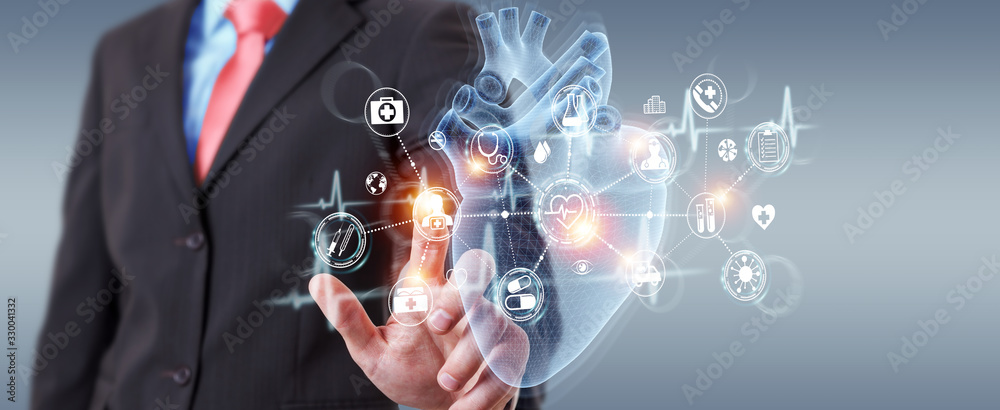 Poster man using digital x-ray of human heart holographic scan projection 3d rendering