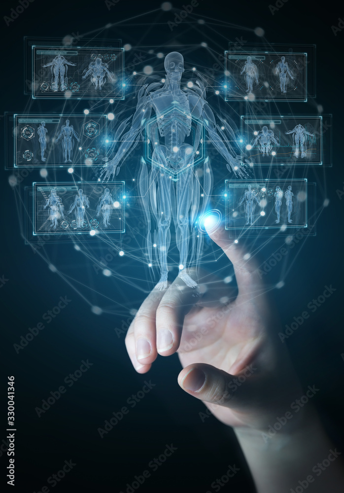 Poster Man hand using digital x-ray human body holographic scan projection 3D rendering