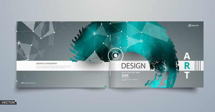 Abstract composition. Text frame surface. Green, a4 brochure cover design. Title sheet model set. Polygonal space icon. Vector front page font. Ad banner form texture. Polygonal art design. Plexus.