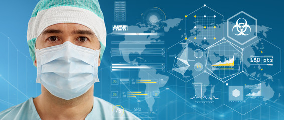medicine and pandemic concept - surgeon in protective mask over virtual projections with worldwide...
