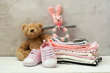 Pink baby girl shoes, newborn clothes and soft toys. Motherhood, education or pregnancy concept...
