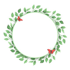 Round background with green leaves, watercolor illustration