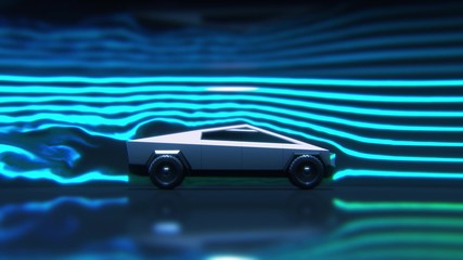 Concept car aerodynamics test in wind tunnel, side view 3d rendering