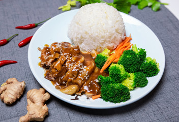 Chinese food.  Teriyaki Chicken Set. Chicken fillet and green broccoli.  rice.  delicious food