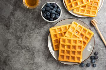 Belgian waffles with blueberry and honey for breakfast. Delicious homemade pastry. Copy space.