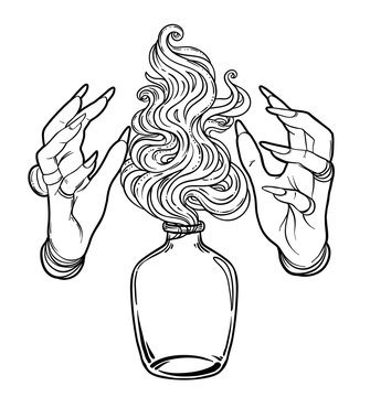 Hand of witch with fire. Mystic character. Alchemy, religion, spirituality, occultism, tattoo art. Isolated vector illustration. Halloween concept, coloring book for adults.