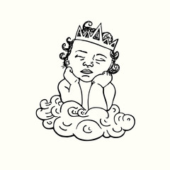 Child in crown dreaming on cloud, hand drawn doodle, simple line drawing, sketch illustration, design element