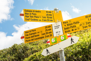 Indication signs on the Pass between the lake Ritom and the lake Cadagno in Ticino.