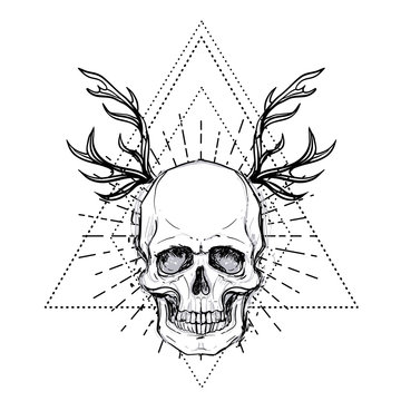 Human skull over sacred geometry symbol. Demon, fairy tale character. Mystical circle. Esoteric. Monochrome drawing isolated on white. Vector illustration. Poster, t-shirt print design.