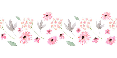 Watercolor seamless border with spring flowering plants. Pink flowers, branches and leaves