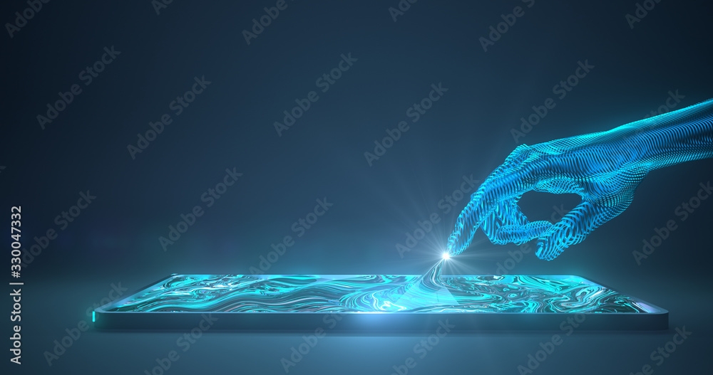Wall mural abstract hand touching the digital device. 3d rendering,