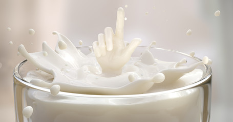 Milk splashes out of the glass into the shape of the hand. 3d rendering, 