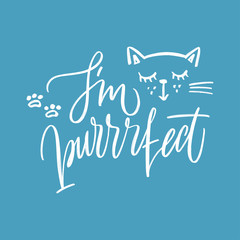 I am purrfect - funny quote design. Vector eps 10 illustration of kitten calligraphy sign for print. Cute cat poster with lettering.