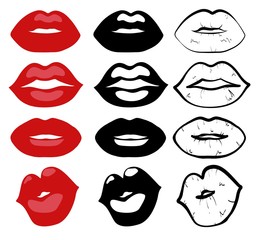 Set of female lips. Color, bw and silhouettes lips