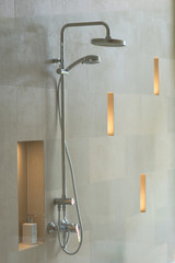 Modern shower interior building with beautiful ceramic wall decoration, concept bathroom