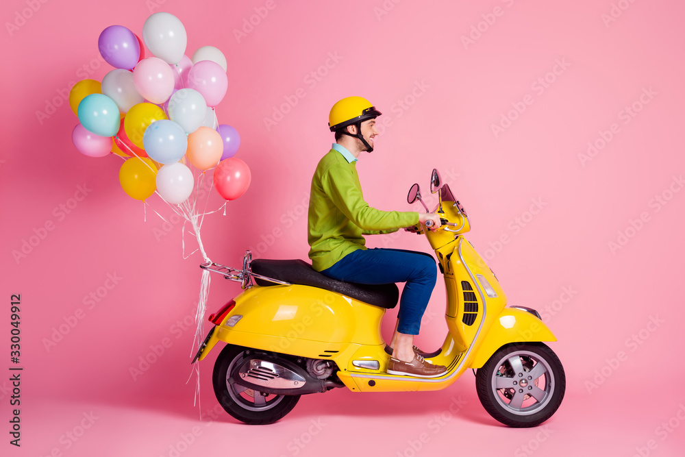 Sticker profile side view of his he nice attractive cheerful cheery glad guy driving moped bringing carrying