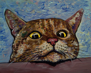 Art painting  oil  color Smiling cute cat from Thailand